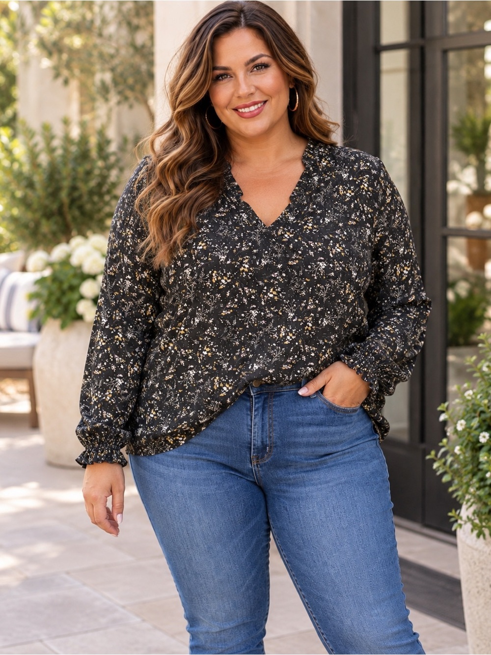 Monday Fun Allover Micro Floral V-Neck Ruffle Blouse - 2X